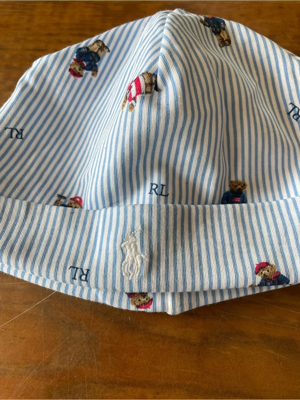Ralph Lauren Baby Blue Stripe Bear Print Beanie Hat, One Size 3-9 mo. Cotton